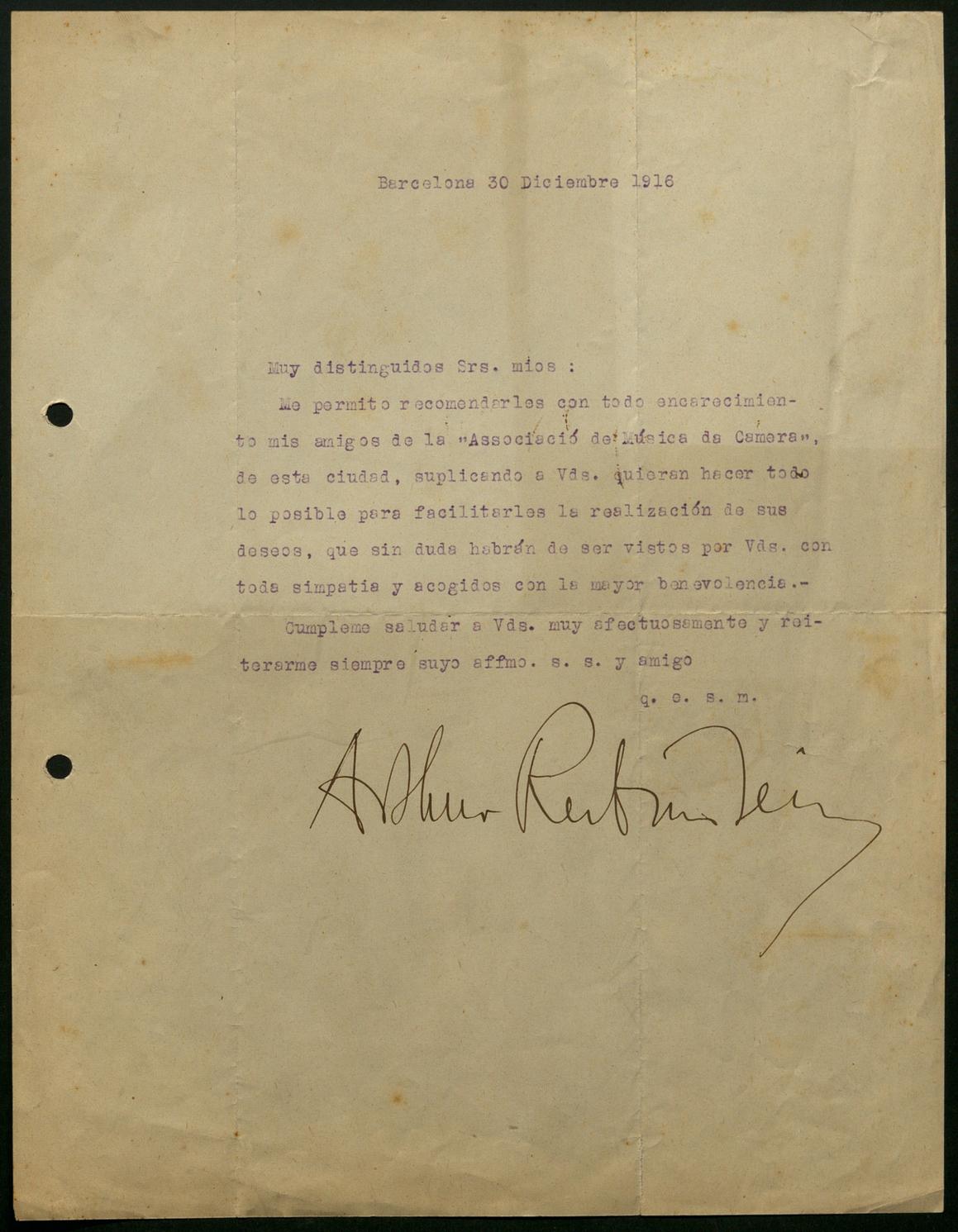 Carta del pianista polonés Arthur Rubinstein