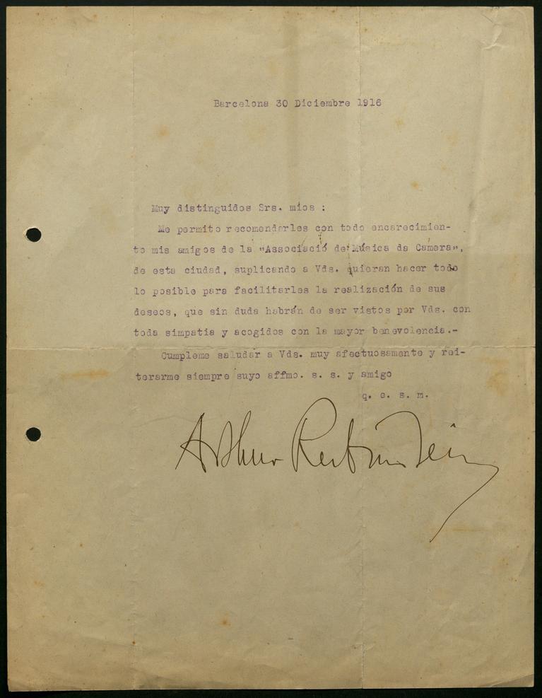 Carta del pianista polonés Arthur Rubinstein